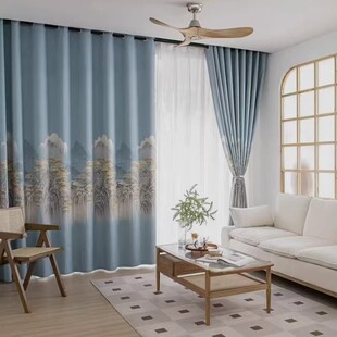 加厚中式 国风山水麻料色织提花遮光窗帘精美垂顺客厅遮阳隔热