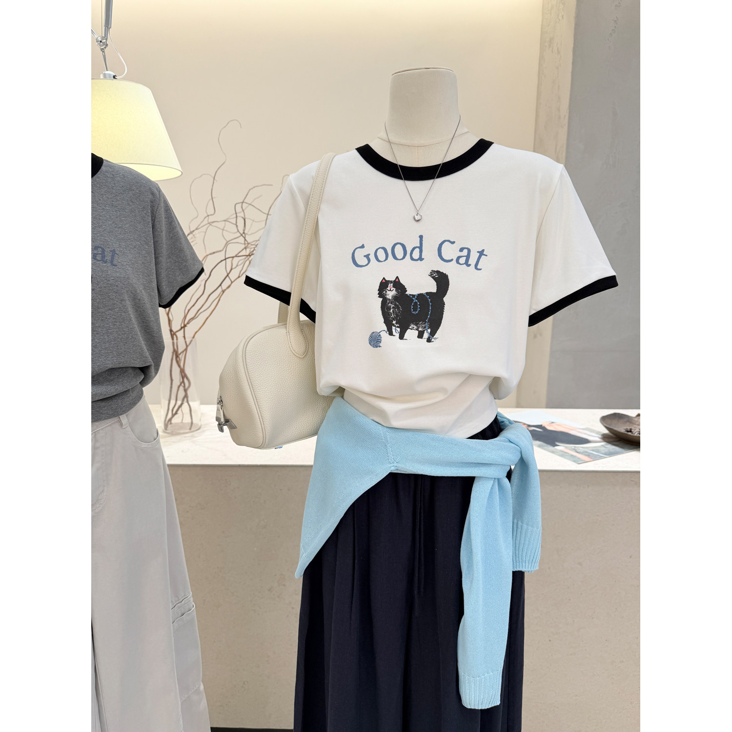 小哲 撞色圆领小猫印花短袖T恤女夏季新款宽松减龄显瘦百搭上衣
