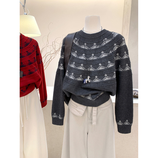 保暖针织衫 小哲 费尔岛风圣诞提花毛衣女圆领宽松套头插肩长袖