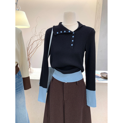 不规则撞色翻领坑条针织打底衫