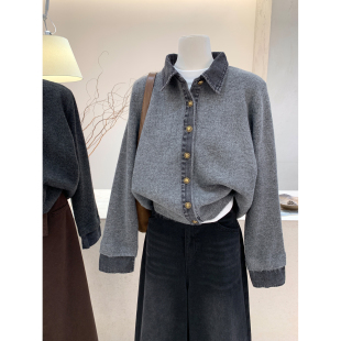 针织衫 新款 保暖翻领上衣 假两件牛仔拼接Polo领毛衣女冬季 小哲