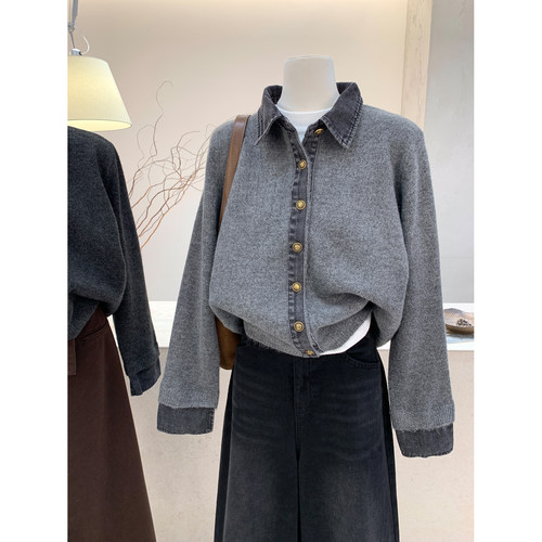 假两件牛仔拼接Polo领毛衣