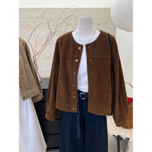 小哲高级感韩系复古棕色短款棒球服外套女春秋小个子宽松夹克上衣