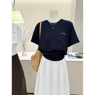 小哲 休闲慵懒风短袖T恤女基础款圆领宽松显瘦百搭字母刺绣上衣