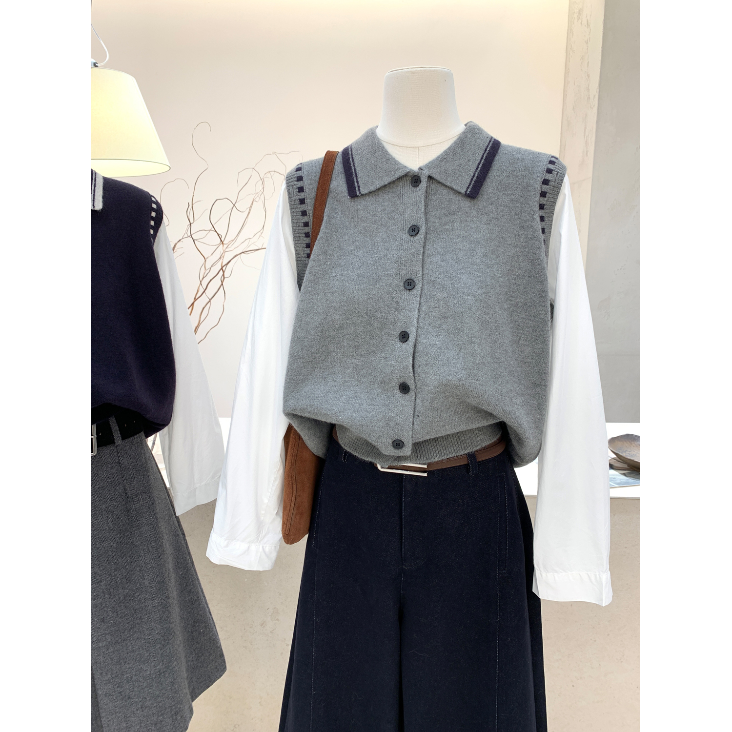 韩系假两件拼接翻领针织开衫毛衣