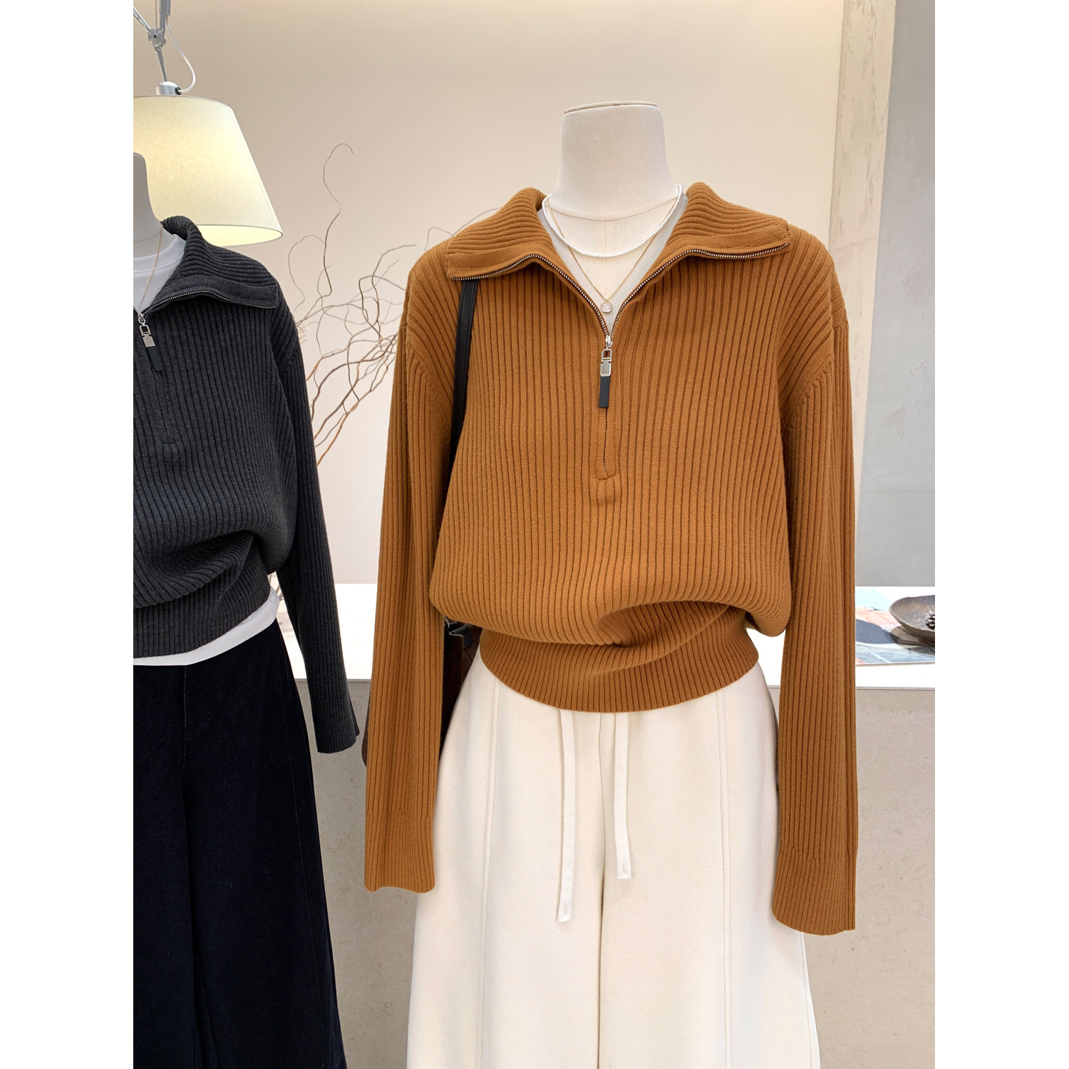 小哲 韩系半拉链竖坑条针织衫女冬季软糯套头毛衣翻领长袖上衣,女装/女士精品,毛衣,淘宝优惠券,粉丝福利购,淘宝优惠卷