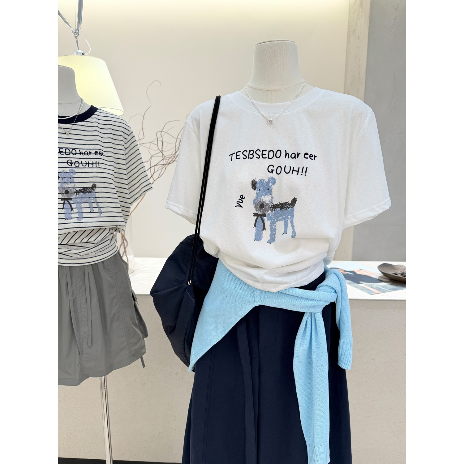 小哲 韩版圆领字母小狗印花短袖T恤女夏季休闲百搭宽松显瘦上衣