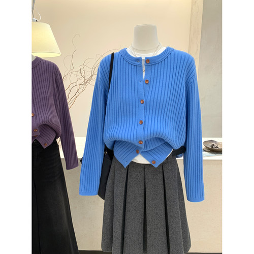 宽松慵懒坑条圆领开衫毛衣外套