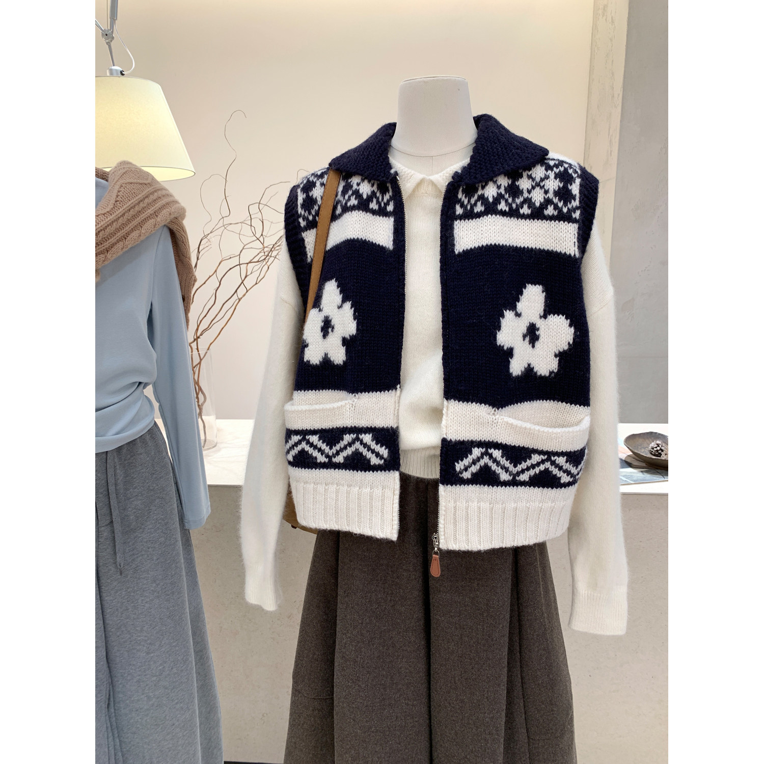 翻领拉链针织背心秋冬保暖毛衣