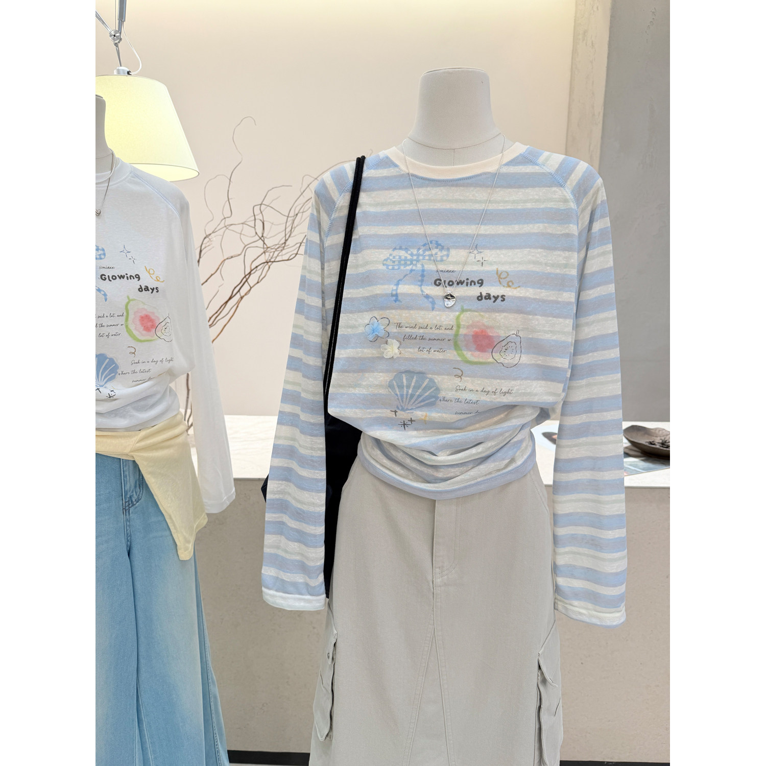小哲 蓝白条纹印花长袖T恤女夏季新款宽松显瘦防晒罩衫度假上衣