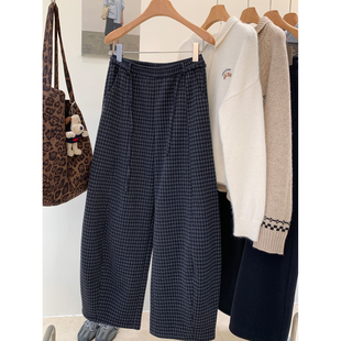 藏青色垂感长裤 女宽松休闲弯刀裤 慵懒风高腰显瘦格纹阔腿裤 小哲