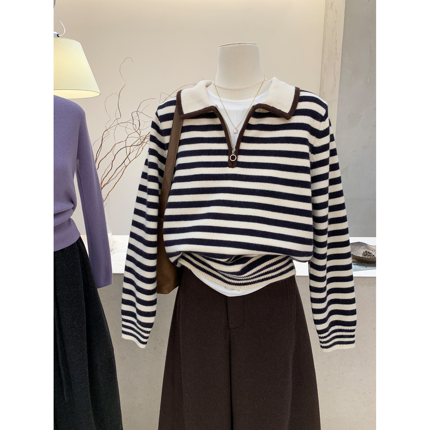 半拉链条纹毛衣宽松翻领慵懒上衣