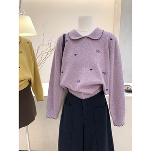 小哲 翻领上衣 韩系娃娃领爱心刺绣毛衣女减龄宽松显瘦花纱针织衫