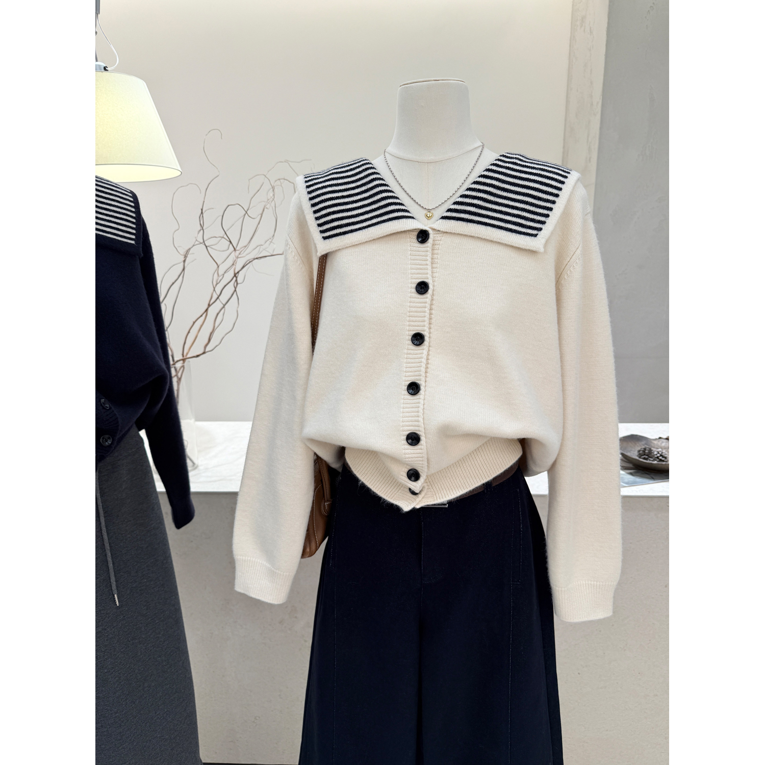 韩版海军领条纹针织开衫翻领毛衣