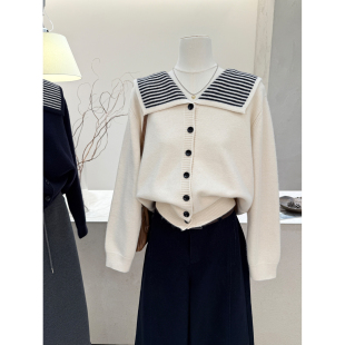 女秋季 翻领条纹针织开衫 宽松设计感海军领毛衣外套上衣 韩版 小哲