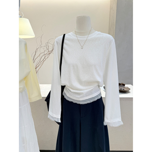 上衣 T恤女蕾丝边圆领宽松百搭打底衫 小哲 韩系极简风白色防晒长袖