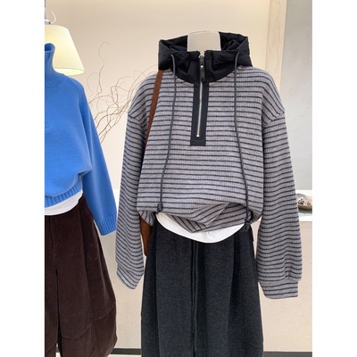 撞色条纹连帽卫衣加绒半拉链上衣
