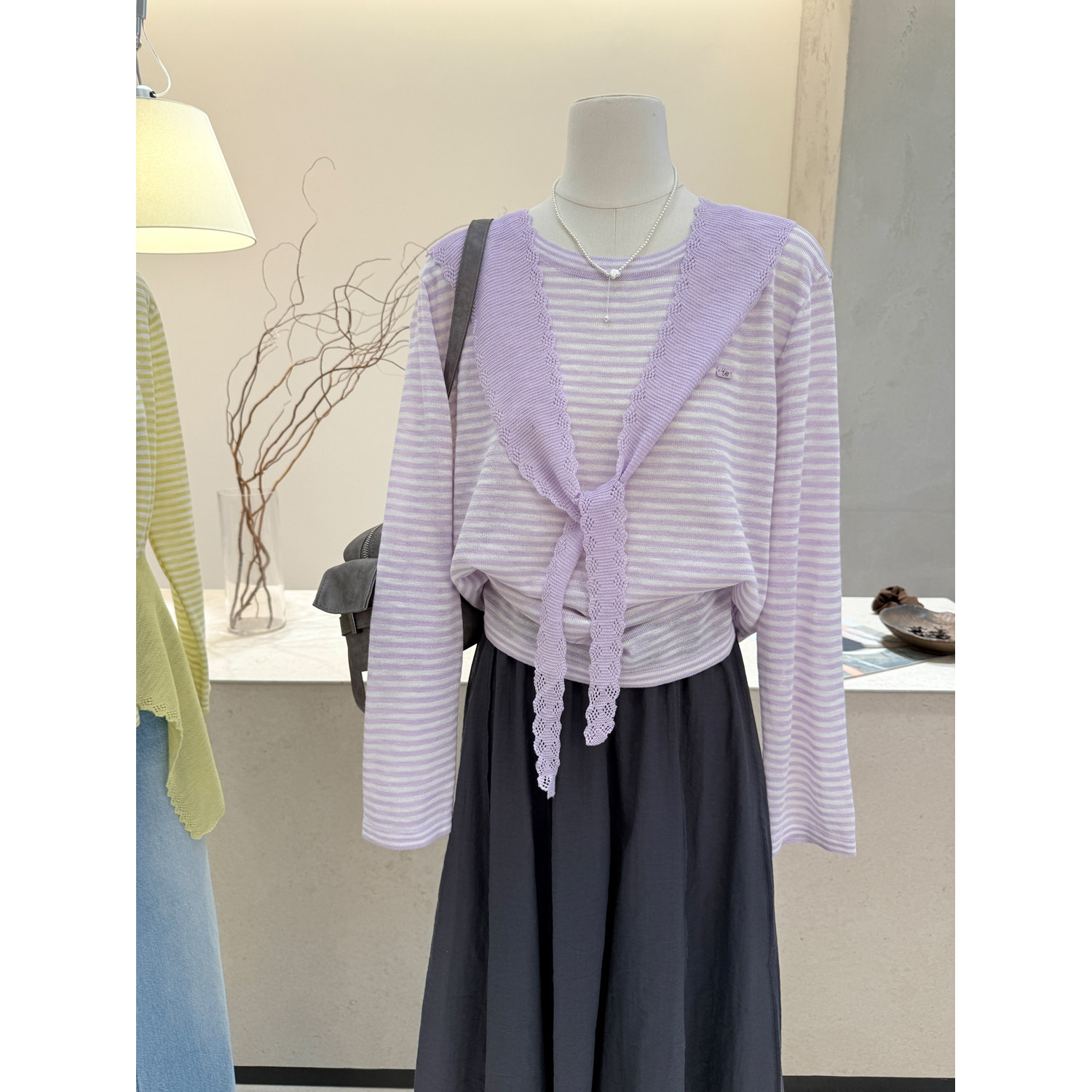 小哲 韩系撞色条纹针织衫女披肩两件套显瘦松弛感紫色打底衫上衣