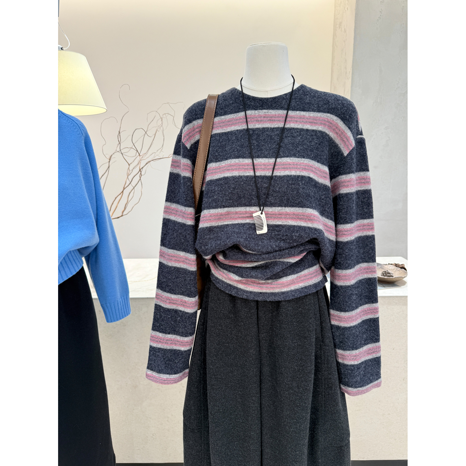 韩系圆领条纹加厚宽松长袖T恤