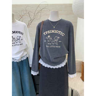 韩系2025秋冬新款 T恤女上衣 宽松卡通印花拼接蕾丝磨毛长袖