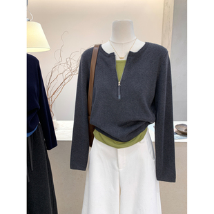 新款 小哲 女冬季 针织衫 气质显瘦上衣 假两件拼接撞色半拉链V领长袖