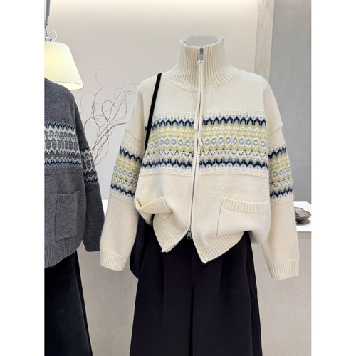 立领拉链针织开衫毛衣外套