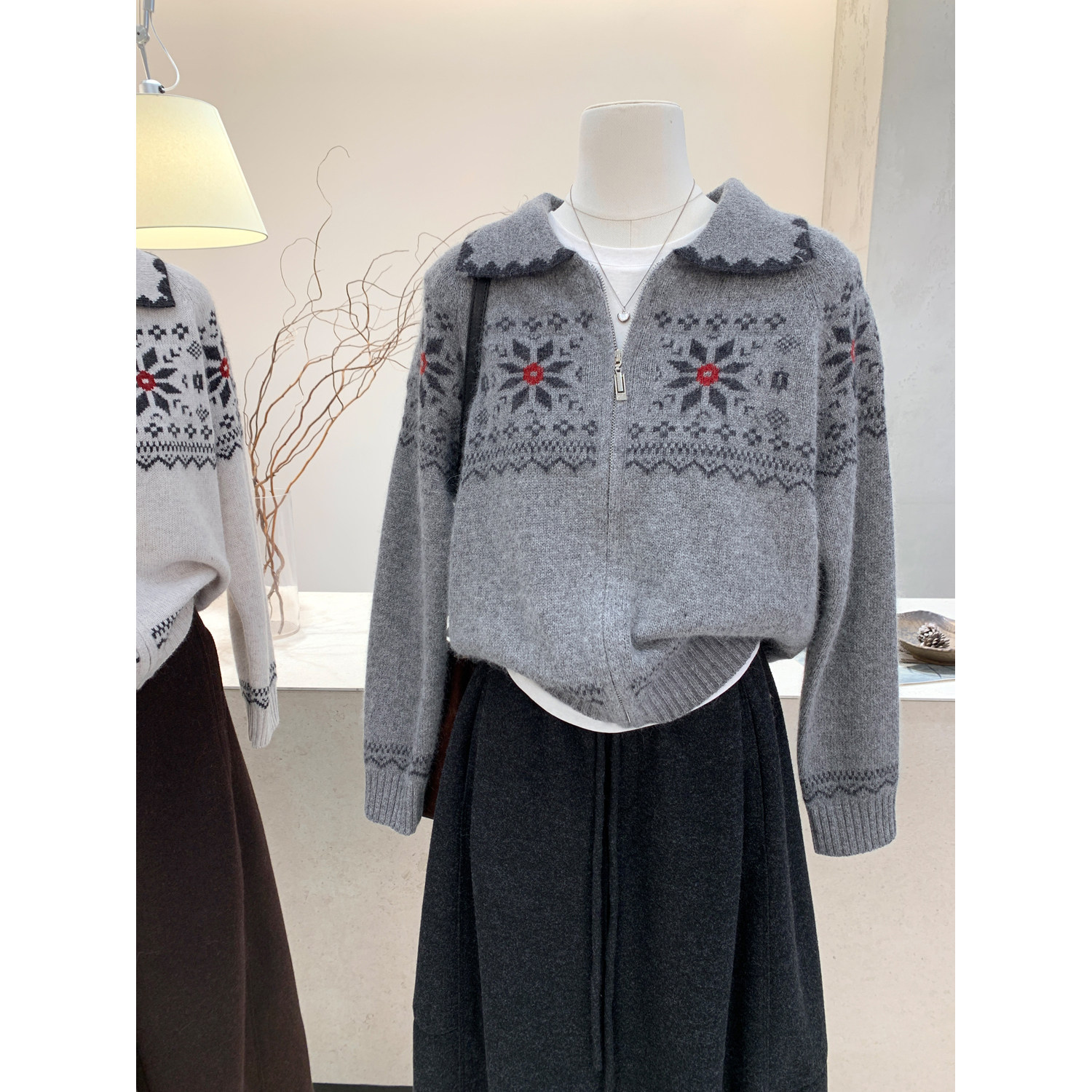 费尔岛雪花长袖拉链针织开衫毛衣