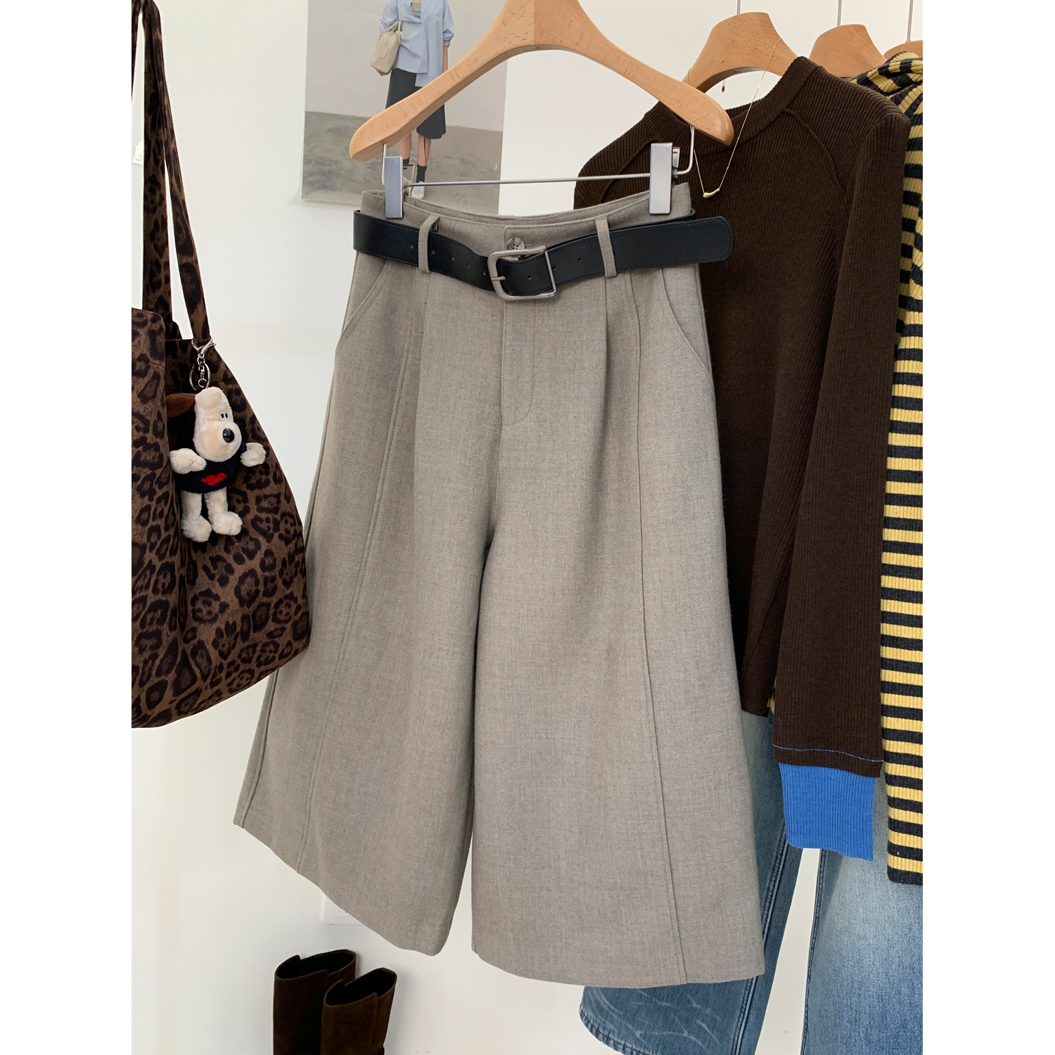 极简风高腰阔腿七分裤直筒休闲裤