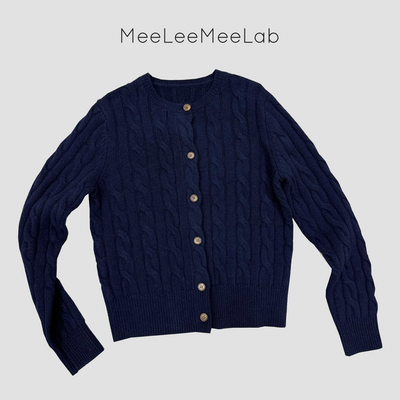 MeeLeeMeeLab绅士优雅复古老钱绵羊毛圆领绞花长袖开衫毛衣毛衫