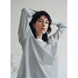 MeeLeeMeeLab 绅士优雅精致慵懒丝光棉条纹极简基本款T恤长袖