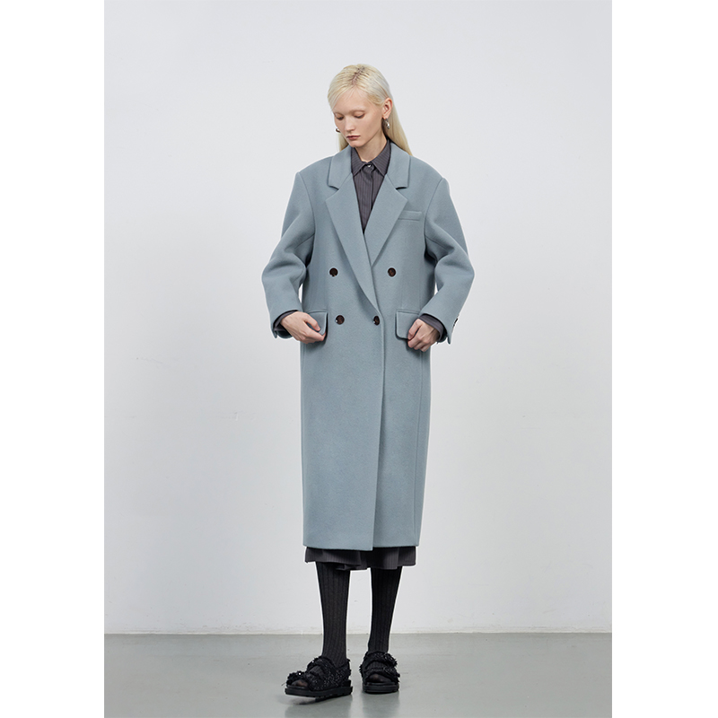进口羊毛呢长款复古宽肩大衣