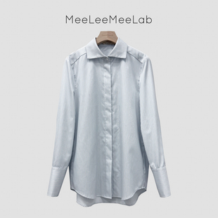 MeeLeeMeeLab绅士优雅高支长绒棉条纹复古小方领直身修身长袖衬衫