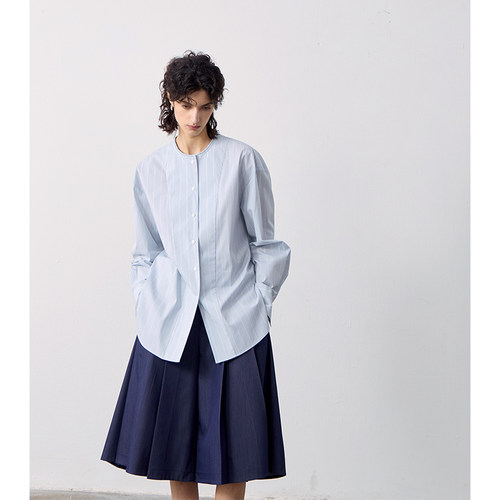 MeeLeeMeeLab原创绅士优雅抽褶小圆领凉感棉条纹宽松长袖衬衫