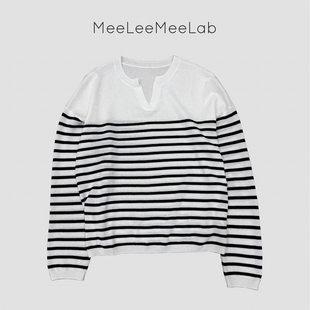 MeeLeeMeeLab绅士优雅麻感干爽半透半开襟圆领条纹长袖T恤罩衫