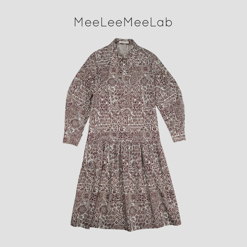 MeeLeeMeeLab 原创印花优雅复古小娃娃领长袖宽松抽褶衬衫连衣裙