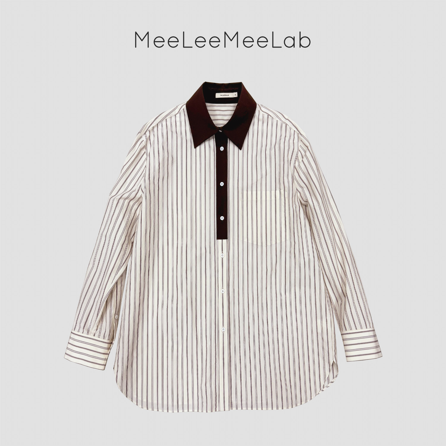 MeeLeeMeeLab 绅士优雅纸感褶皱条纹撞色拼接polo领长袖衬衫