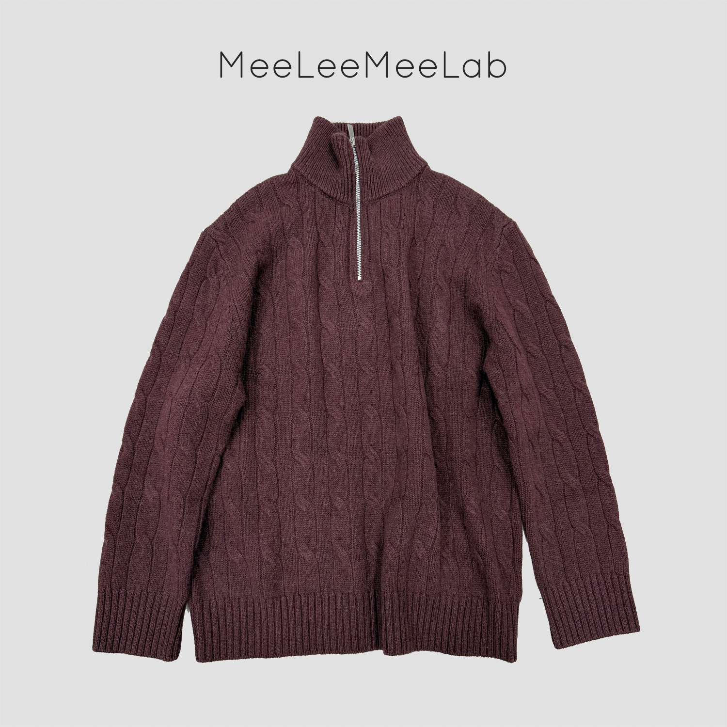 MeeLeeMeeLab绅士优雅立领绞花绵羊毛半开拉链宽松毛衫毛衣老钱风