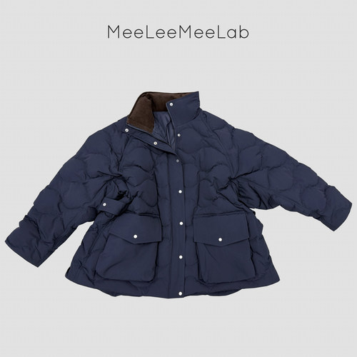 MeeLeeMeeLab原创绅士优雅撞色立领大A摆葫芦纹连袖白鹅绒羽绒服