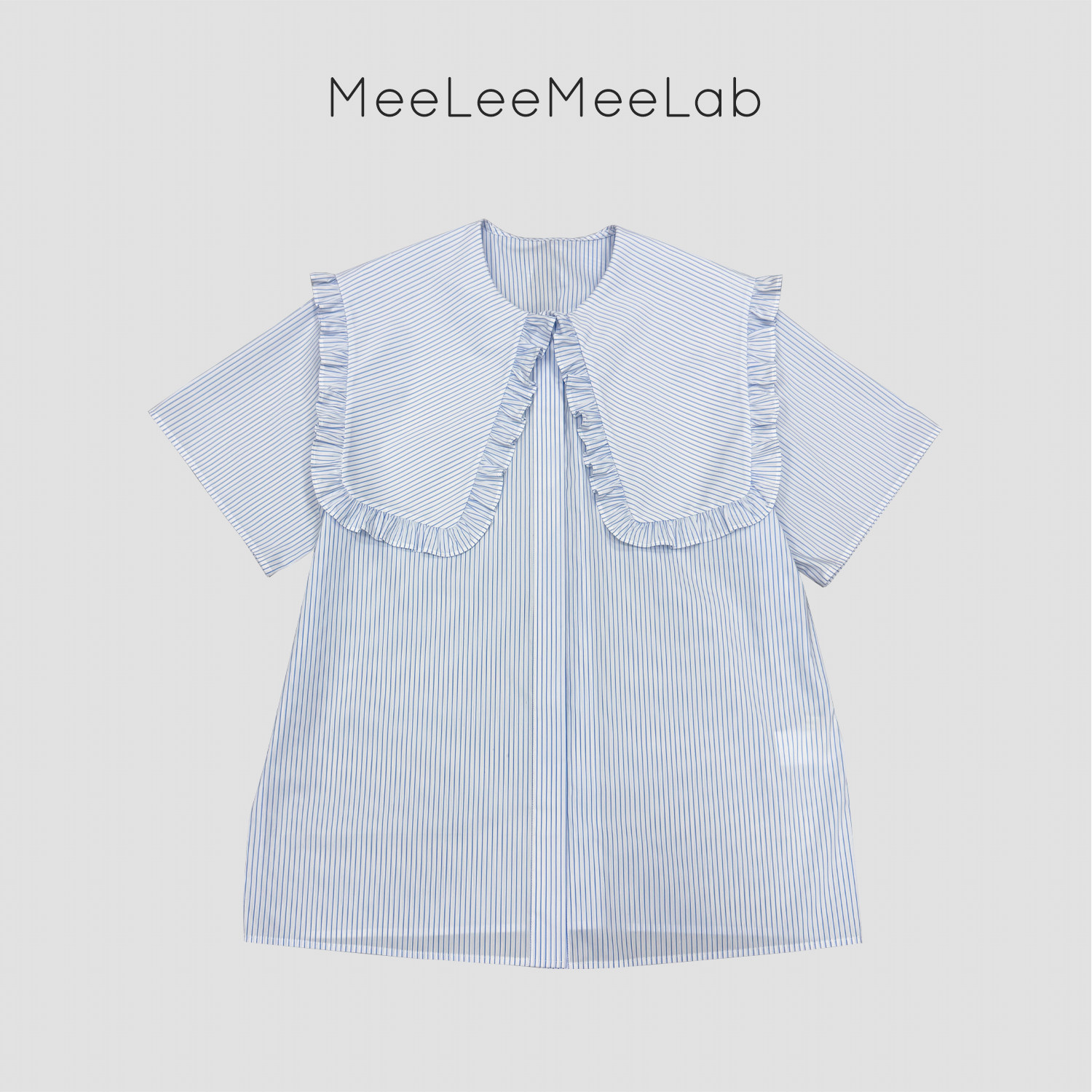 MeeLeeMeeLab 原创绅士优雅荷叶边大翻领海军领宽松短袖衬衫