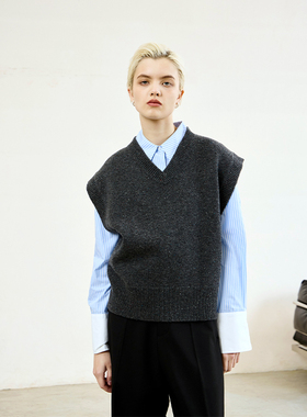 MeeLeeMeeLab绅士优雅小V领宽肩RWS特细美丽奴羊毛马甲老钱风