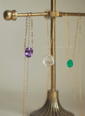 日系小巧精致款颈间一颗天然石紫水晶绿玉髓吊坠项链美国14k注金