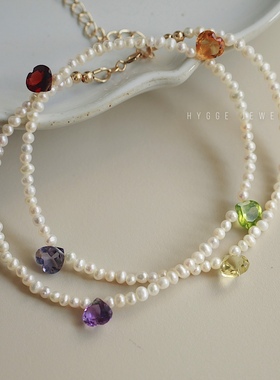 天然半宝石钻石切爱心珍珠项链