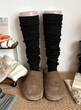 黑色踩脚袜套女春秋款烟灰色针织腿套竖条纹竖纹罗口小腿堆堆袜子