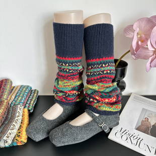 2025秋冬复古民族费尔岛藏青针织羊毛加厚长筒保暖堆堆袜套腿套女
