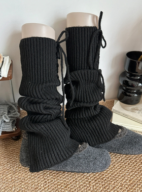 黑色过膝袜韩系穿搭加厚羊毛袜套女长筒袜个性绑带开叉显瘦堆堆袜