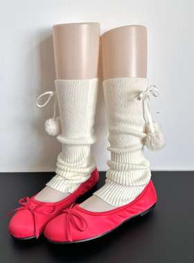日系jk奶白色蝴蝶结绑带针织羊毛毛球袜套女甜美显瘦堆堆袜小腿套