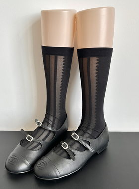 黑色袜子夏季薄款提花丝袜纯欲蕾丝百搭小众设计感竖纹显瘦小腿袜