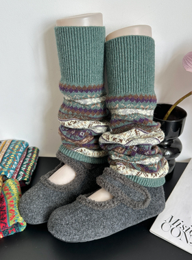 复古民族风袜套堆堆袜女秋冬羊毛辣妹波西米亚风冬季保暖绿色腿套