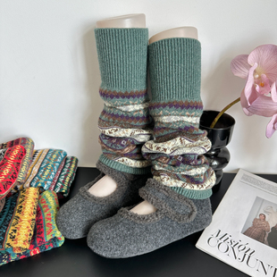 复古民族风袜套堆堆袜女秋冬羊毛辣妹波西米亚风冬季 保暖绿色腿套