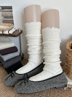 日系jk奶白色复古菱格羊毛小腿袜女中筒堆堆袜秋冬保暖长筒袜靴袜